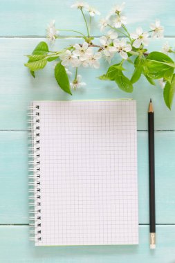 Açık defter ile kalem ve delikanlı kiraz çiçekleri ile