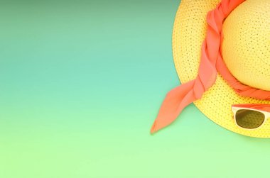 Plaj şapka, gözlük mavi arka plan üzerinde