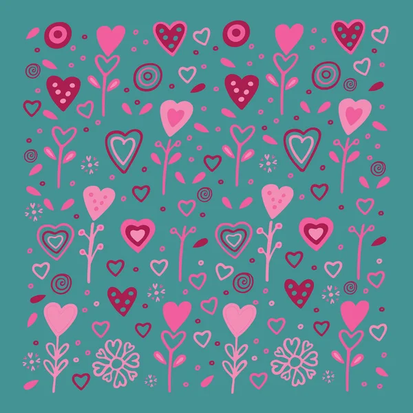 Fantasy background of hearts and flowers in doodle style. — Stock Vector