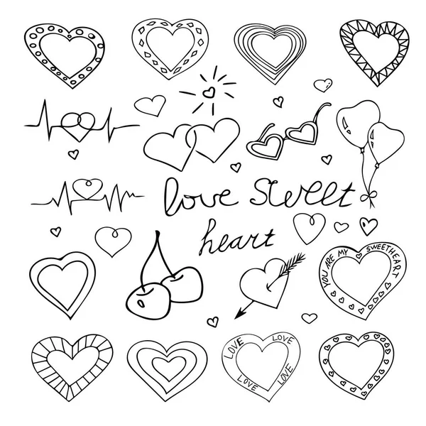 Mano dibujado grandes corazones para el día de San Valentín. colección de corazón de garabato. Elementos decorativos , — Archivo Imágenes Vectoriales