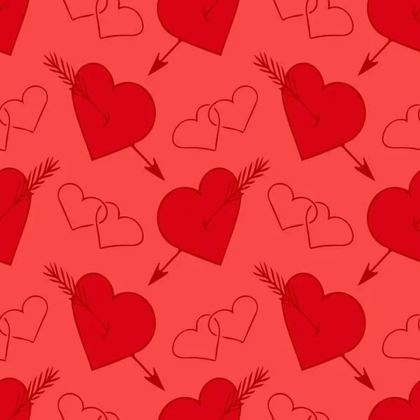 손으로 뽑은 심장의 물림없는 패턴 벡터 그래픽. 커플의 가슴 과 화살 이 있는 간단 한 두들 스타일입니다. 발렌타인데이 연휴 장식 — 스톡 벡터
