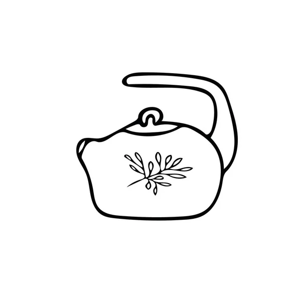 Doodle stil tekanna ikonen element. Skandinaviska mysiga enkla hygge liner stil. handritad gryta, vattenkokare, tekanna, te, kaffe, varma drycker. — Stock vektor