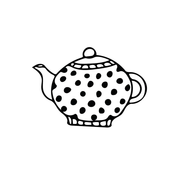 Чайник с рисунком горошек. Элемент в рукописном скандинавском стиле. иконка в простом лайнере. карточка, плакат, меню. чай церемония . — стоковый вектор