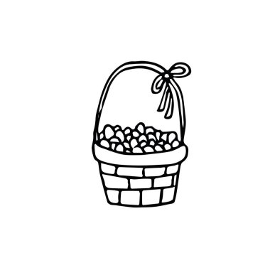 Paskalya yumurtaları ve sapında fiyonk olan el çizimi bir sepet.