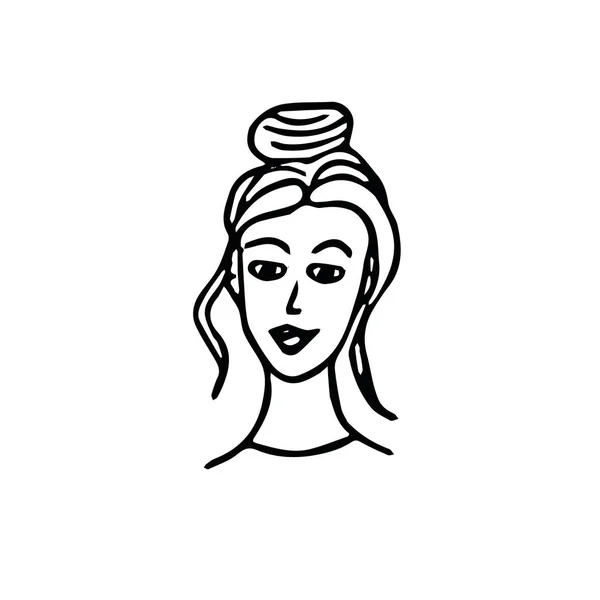Retrato avatar de una mujer joven con hermoso pelo y una sonrisa en un estilo garabato dibujado a mano — Vector de stock