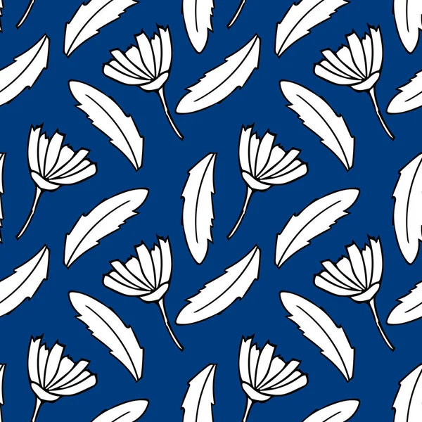 Hand drawn daisies and leaves seamless pattern. doodle scandinavian simple liner style. — Stock Photo, Image