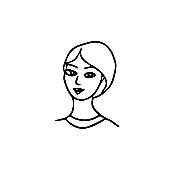 Avatar portret młodej kobiety z pięknymi włosami i uśmiechem w ręcznie rysowanym stylu doodle — Wektor stockowy