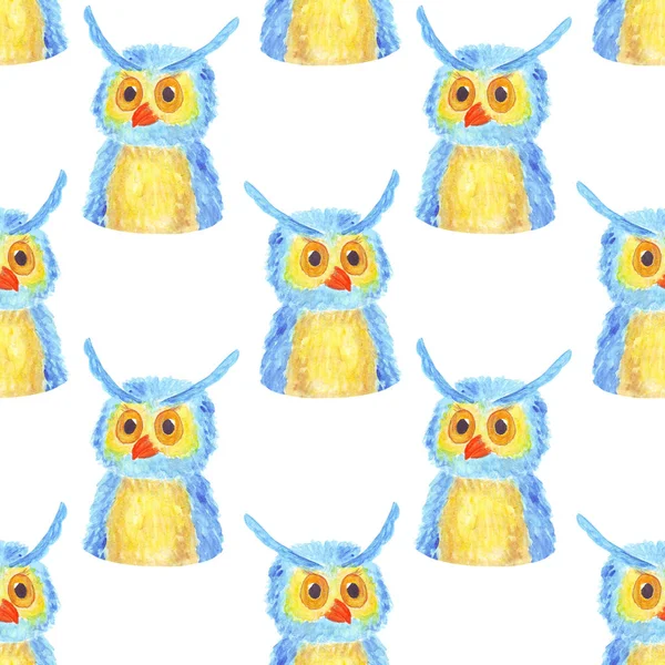 Акварель совы бесшовный узор на белом фоне. Голубая сова, вдохновленная детскими сказками — стоковое фото