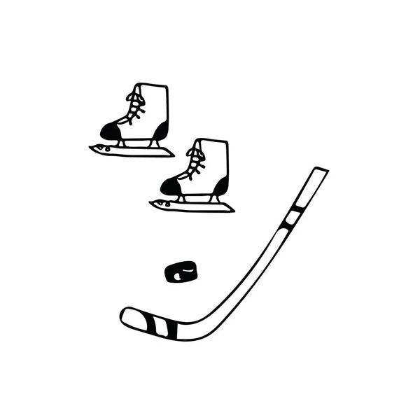 Hockey mis la main dessinée dans un style scandinave. patins, putter, rondelle . — Image vectorielle