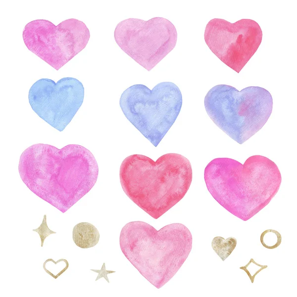 Corações aquarela de tenra rosa e azul e estrelas de ouro e círculos definir elementos em um fundo branco . — Fotografia de Stock
