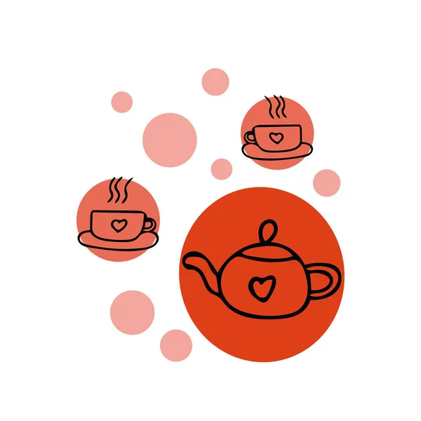 Teapot and cups with a heart in hand drawn scandinavian simple liner style. design with circles. — Stock Vector