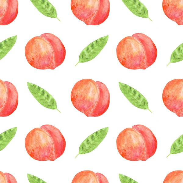 Watercolor peach and leaves seamless pattern. summer background — 스톡 사진