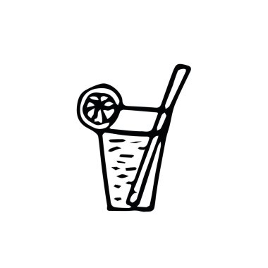 İskandinav tarzında çizilmiş kokteyl eli. Bardakla içki, limon ve pipet..