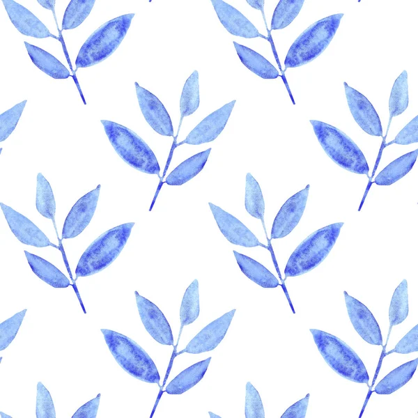 watercolor blue leaves seamless pattern on a white background. floral