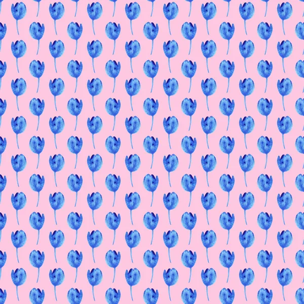 Akwarela sylwetka niebieski prosty tulipan bezszwowy wzór na różowym tle — Zdjęcie stockowe