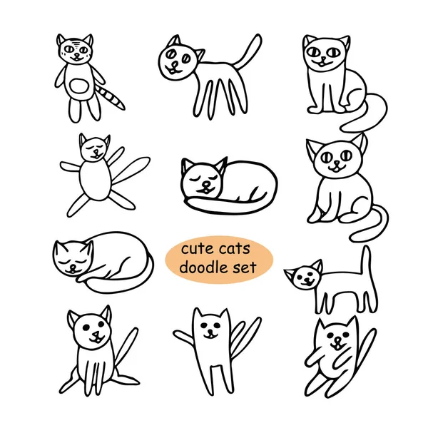 Söta katter hand dras i klotter stil. Uppsättning element för design vykort — Stock vektor