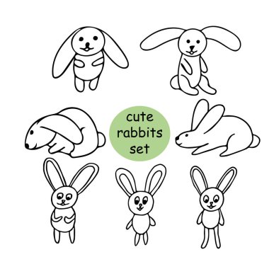 Karalama tarzında çizilmiş şirin tavşanlar. Paskalya tavşanı koleksiyonu.