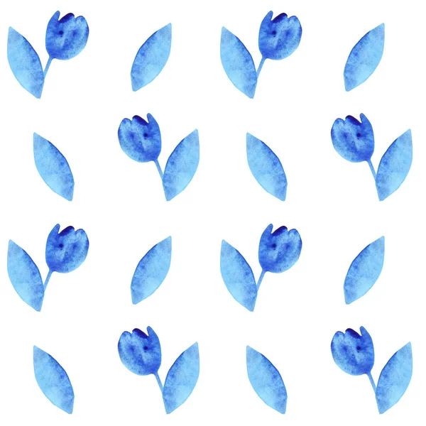 Silueta acuarela azul tulipán simple con patrón de hoja sin costura sobre un fondo blanco — Foto de Stock