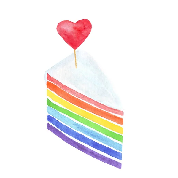 Pezzo acquerello di torta arcobaleno con lecca-lecca a forma di cuore . — Foto Stock