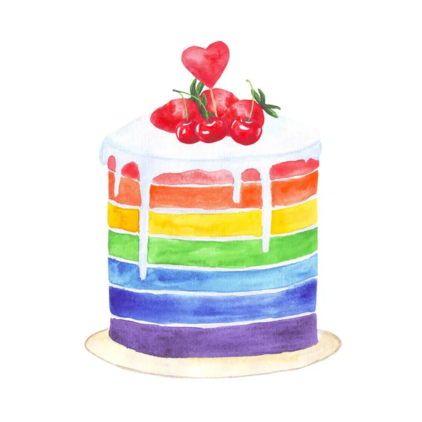 Torta arcobaleno acquerello con fragole, ciliegie e cuore . — Foto Stock