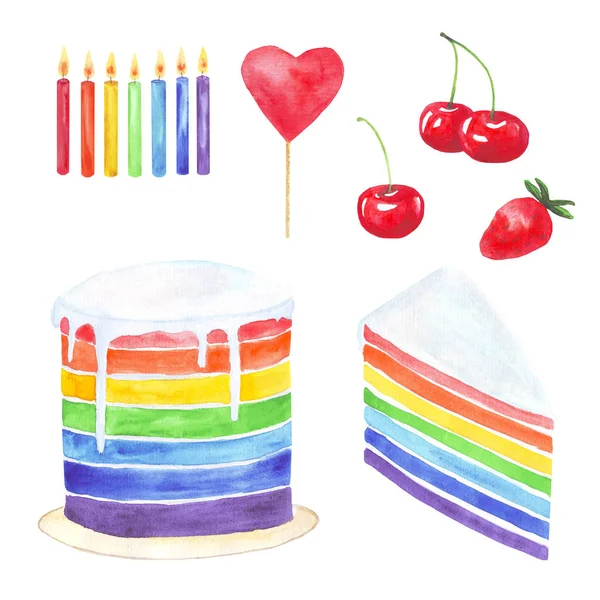 Suluboya gökkuşağı pastası, bir parça pasta, mumlar, çilekler, kirazlar, kalp - tasarım elementleri — Stok fotoğraf