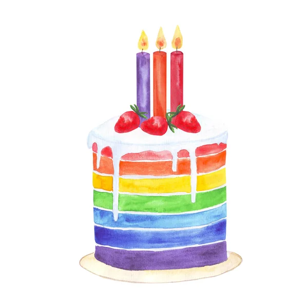 Bolo de arco-íris aquarela com morangos e três velas — Fotografia de Stock