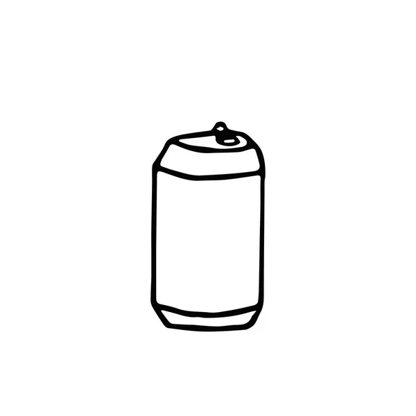 Lata de aluminio con una mano de bebida dibujada en estilo garabato. Elemento — Vector de stock