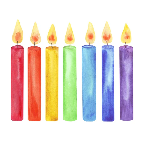 Candele ad acquerello clip art arcobaleno - set di elementi di design isolati su bianco — Foto Stock