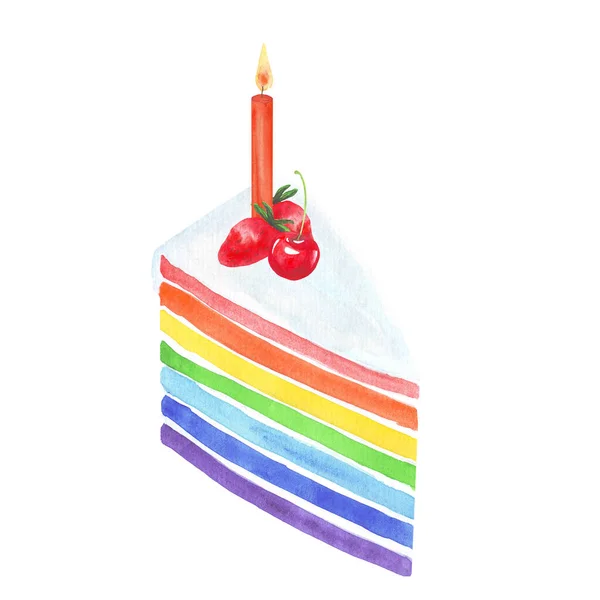 Torta arcobaleno acquerello con fragole, ciliegie e candele — Foto Stock