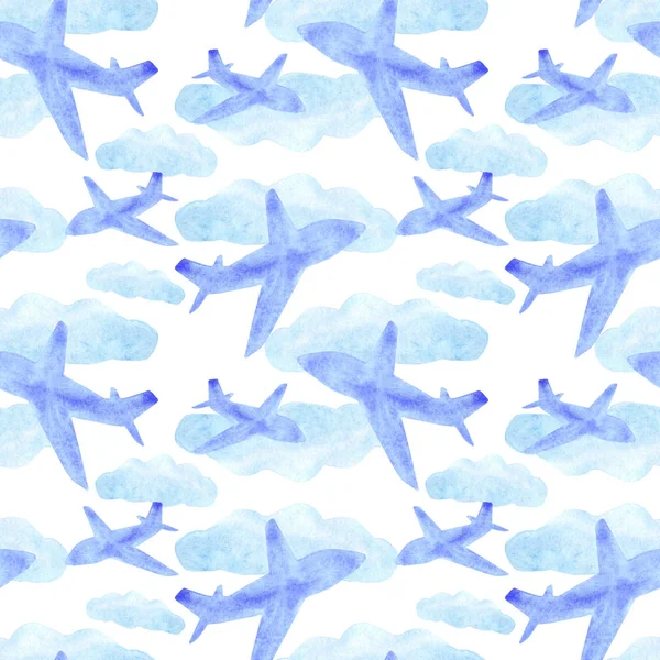 Watercolor silhouettes of airplanes seamless pattern. transport, travel, flights. — Stock Photo, Image