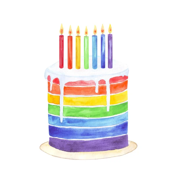 Torta arcobaleno acquerello con sette candele. Modello per biglietto di auguri — Foto Stock