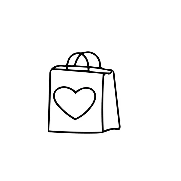 Saco de compras com mão coração desenhado em estilo doodle. Elemento para cartão postal de design — Vetor de Stock