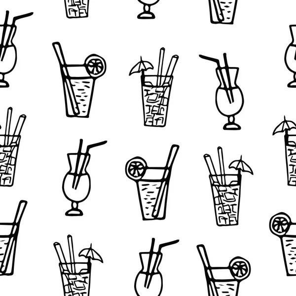 Cocktails dessinés à la main motif sans couture dans le style doodle. café, bar — Image vectorielle