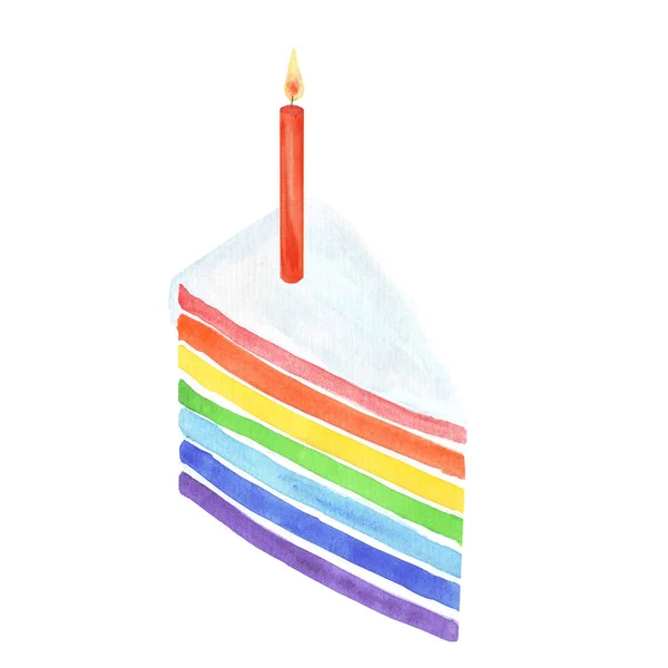 Torta arcobaleno acquerello con candela biglietto di auguri — Foto Stock