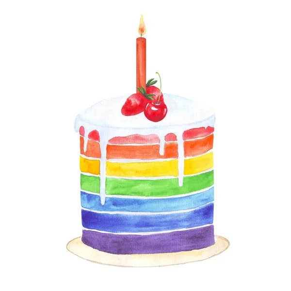 Ουράνιο τόξο κέικ με φράουλες, κεράσι και κερί — Φωτογραφία Αρχείου
