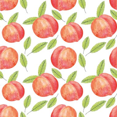 Şeftali ve yapraklar suluboya desensiz. Tasarım kartpostalı için arkaplan, poster