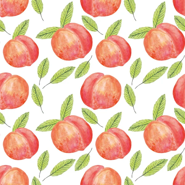 Peaches and leaves watercolor seamless pattern. Background for design postcard, poster — Stock Photo, Image