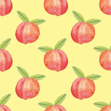 Şeftali ve yapraklar suluboya desensiz. Tasarım kartpostalı için arkaplan, poster