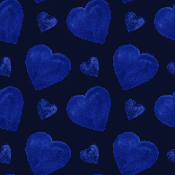 Suluboya Mavi Kalpler Mavi Arka Planda Pürüzsüz Desen Sevgililer Günü — Stok fotoğraf