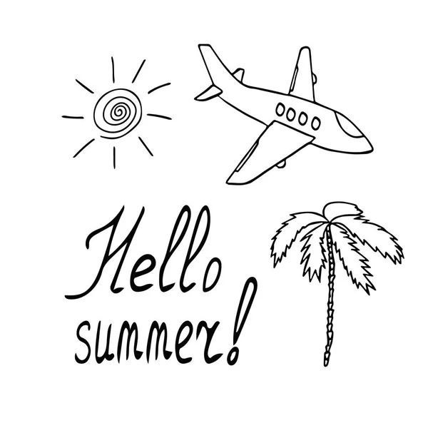 Pesawat, pohon palem, matahari dan huruf halo tangan musim panas digambar dengan gaya corat-coret. perjalanan, set elemen, penerbangan, musim panas, panas. Templat untuk kartu pos, poster, stiker . - Stok Vektor