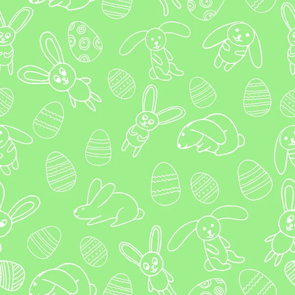 Easter eggs and bunnies seamless pattern hand drawn in doodle style. green background for textile, wrapping paper, wallpaper. cute animals, holiday, christian, spring, april