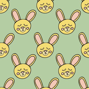 Gözleri kapalı tavşanlar, karalama şeklinde çizilmiş, kusursuz desenler. Paskalya tavşanları, sevimli hayvanlar, uyumak, yanaklar. Çocuk odası, giysi, tekstil, ambalaj kağıdı, hatıra defteri dekorasyonu ve tasarımı için arka plan.