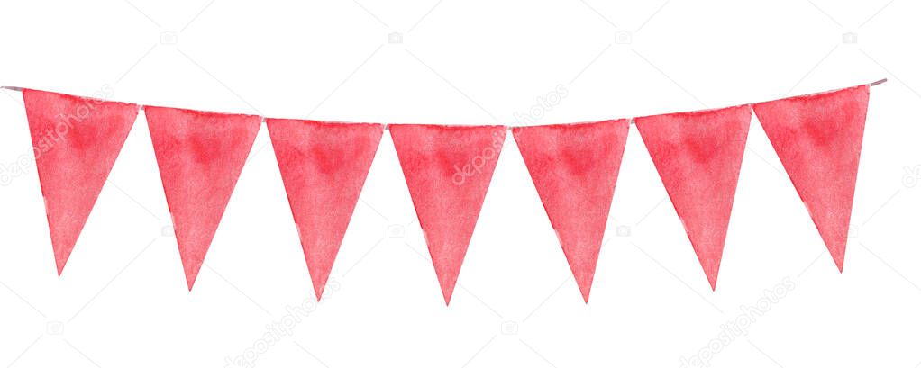 garland of triangular flags hand drawn watercolor. element for decor, design, border, frame, festive. red
