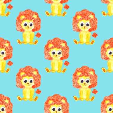 Tatlı suluboya, komik, dikişsiz aslan deseni. Çocuklar için eğlenceli bir model. Afrika vahşi hayvanları