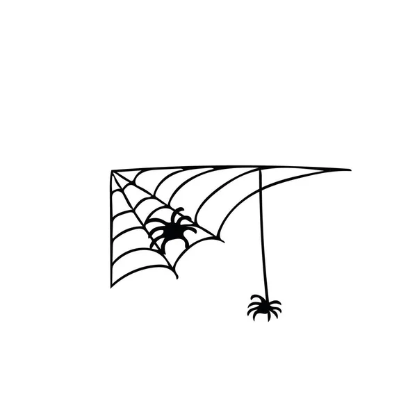 Canto Teia Aranha Com Aranhas Mão Desenhada Estilo Doodle Liner —  Vetores de Stock