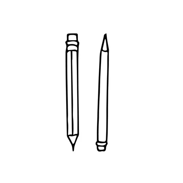 消しゴムの手で描かれた鉛筆はドードル スカンディナヴィアのミニマリズム様式で描かれている アイコンステッカー要素のセット 文房具 — ストックベクタ