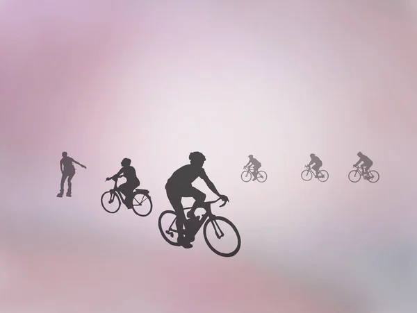 Sylwetki Rowerzystów Rollerskater Pastelowy Kolor Różowy Starodawny Tło Ilustracja — Zdjęcie stockowe