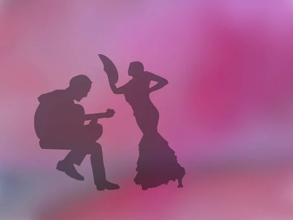 Silhouettes Female Flamenco Dancer Guitar Player Rosy Pink Abstract Background — Stock Photo, Image
