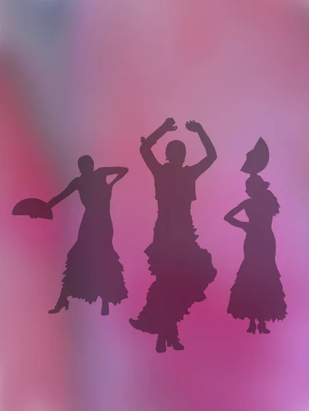 Silhouetten Von Drei Weiblichen Flamenco Tänzerinnen Auf Rosa Abstrakten Hintergrund — Stockfoto