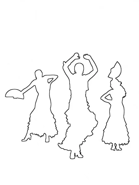 Siluety Tři Ženské Flamenco Tanečnice Černé Obrysy Bílém Pozadí Abstraktní — Stock fotografie